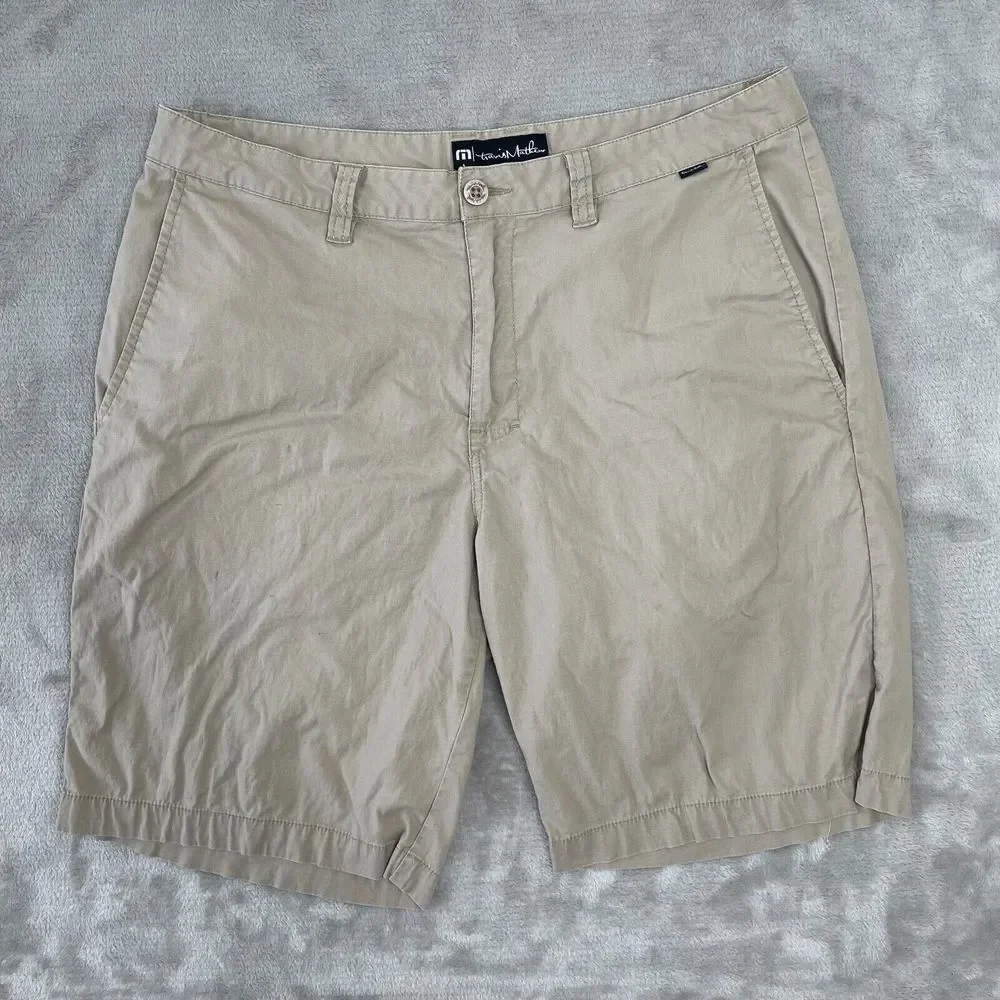 Travis Mathews Huntington Prestige 7 Golf Shorts Men 34x9 Beige Pockets‎ Logo